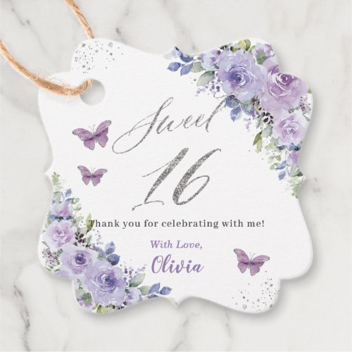Purple Lilac Floral Butterfly Silver Sweet Sixteen Favor Tags