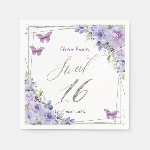 Purple Lilac Floral Butterfly Silver Sweet Sixteen Napkins