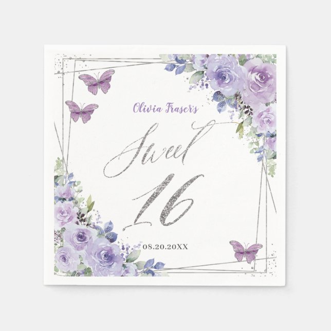 Purple Lilac Floral Butterfly Silver Sweet Sixteen Napkins (Front)