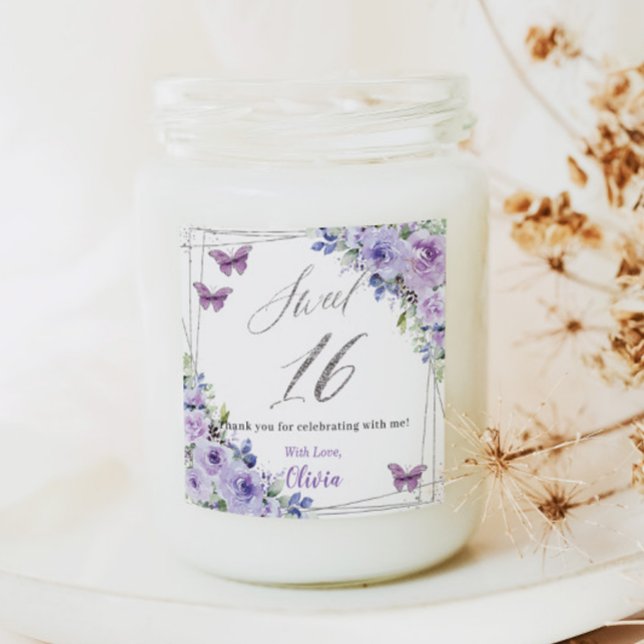 Purple Lilac Floral Butterfly Silver Sweet Sixteen Square Sticker (Creator Uploaded)