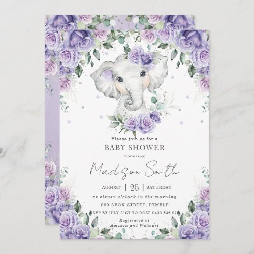 Purple Lilac Floral Cute Elephant Baby Shower Invitation