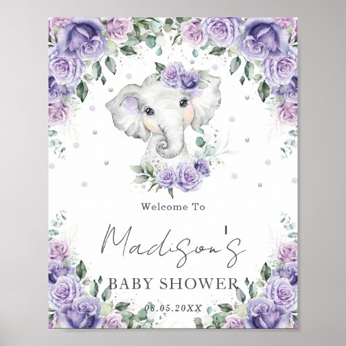 Purple Lilac Floral Cute Elephant Baby Shower Sign