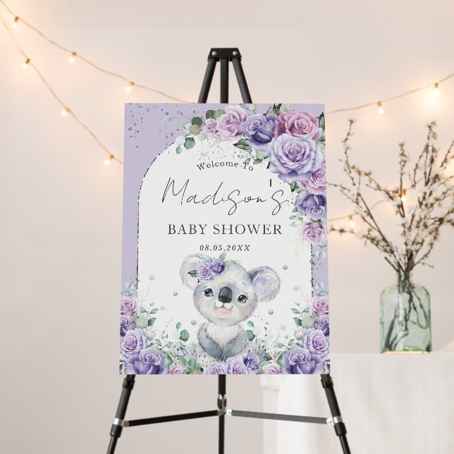 Purple Lilac Floral Cute Koala Arch Baby Shower Foam Board (In Situ (Stand))