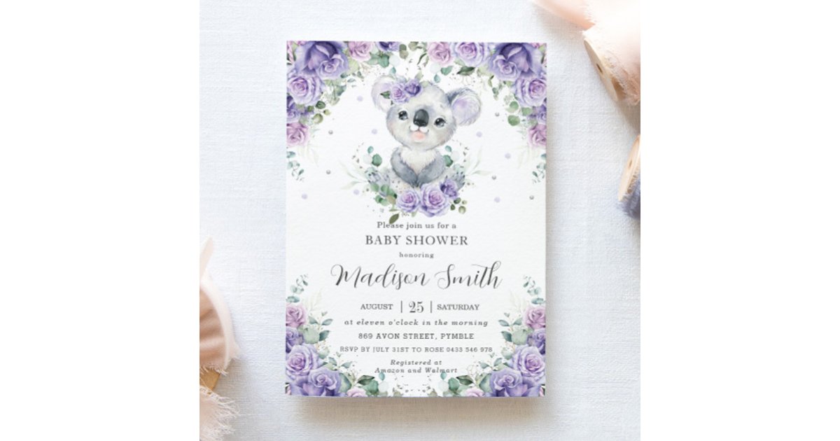 Purple Lilac Floral Cute Koala Baby Shower Invitation | Zazzle