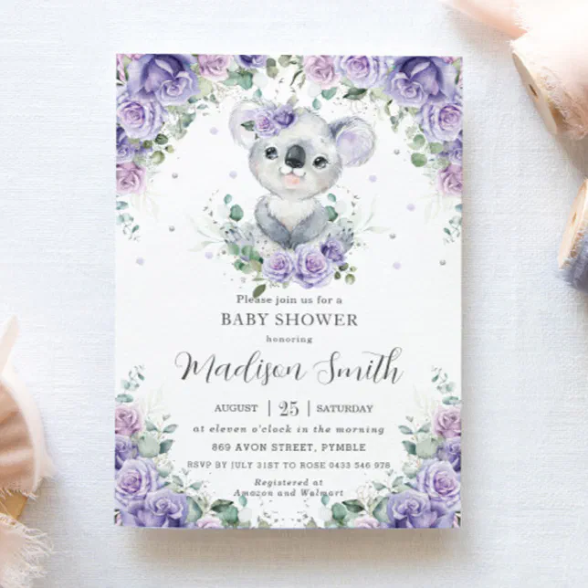 Purple Lilac Floral Cute Koala Baby Shower Invitation | Zazzle