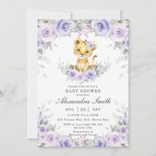 Purple Lilac Floral Cute Lion Cub Girl Baby Shower Invitation