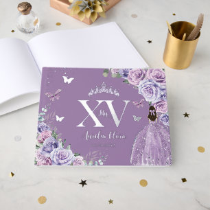 Purple Lilac Floral Dress Silver Quinceañera XV Foil Guest Book