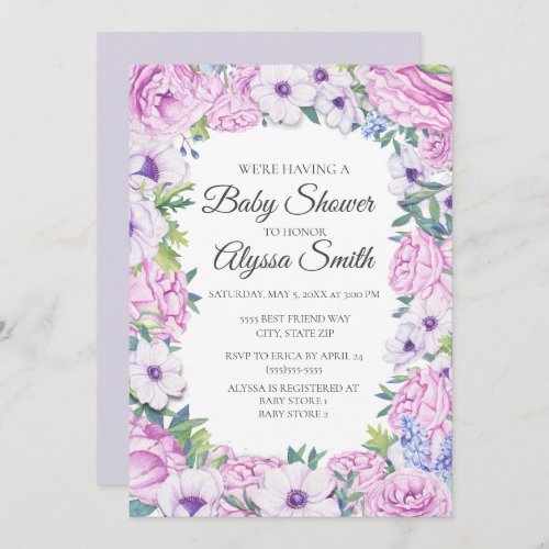 Purple Lilac Floral Floral Baby Shower Invitation