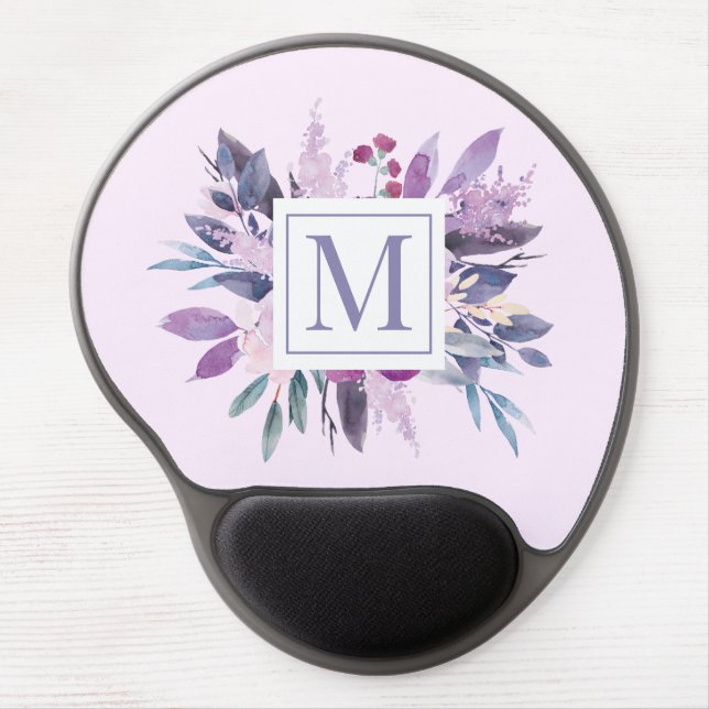 Purple Lilac Floral Flowers Custom Monogram Gel Mouse Pad (Front)