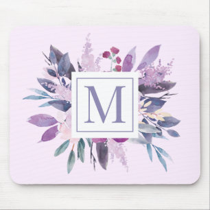 Purple Lilac Floral Flowers Custom Monogram Mouse Pad