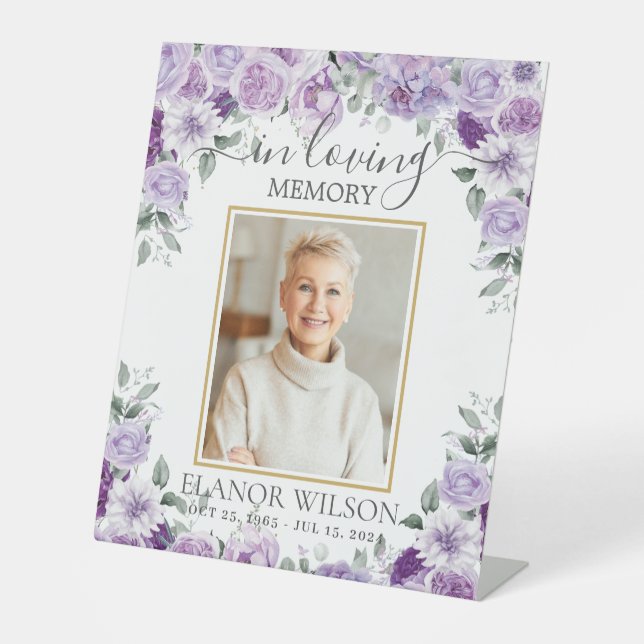 Purple Lilac Floral Funeral Memorial Picture Photo Pedestal Sign (Front)