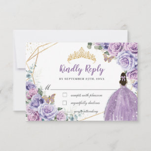 Purple Lilac Floral Girl Dress Quinceañera Reply RSVP Card
