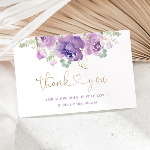 Purple lilac floral gold baby shower thank you card