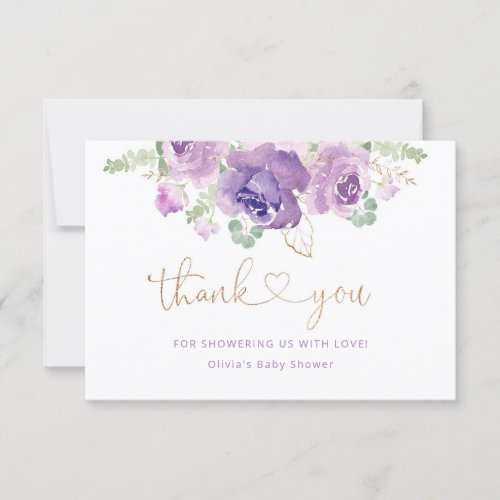 Purple lilac floral gold baby shower thank you card