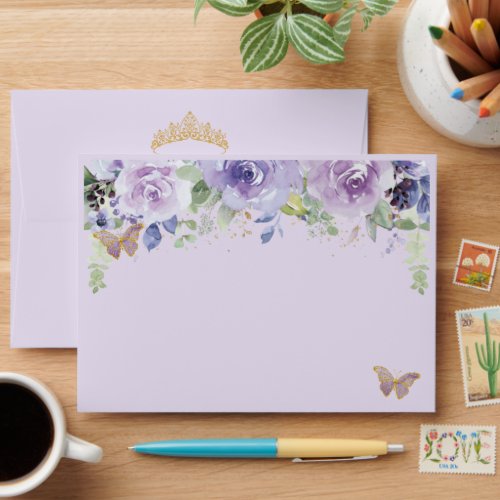 Purple Lilac Floral Gold Butterflies Quinceaera Envelope