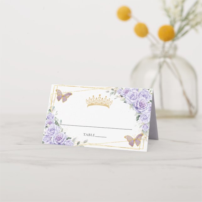 Purple Lilac Floral Gold Quinceañera 16th Birthday Place Card (Front)