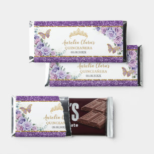 Purple Lilac Floral Gold Quinceañera Butterflies Hershey Bar Favors
