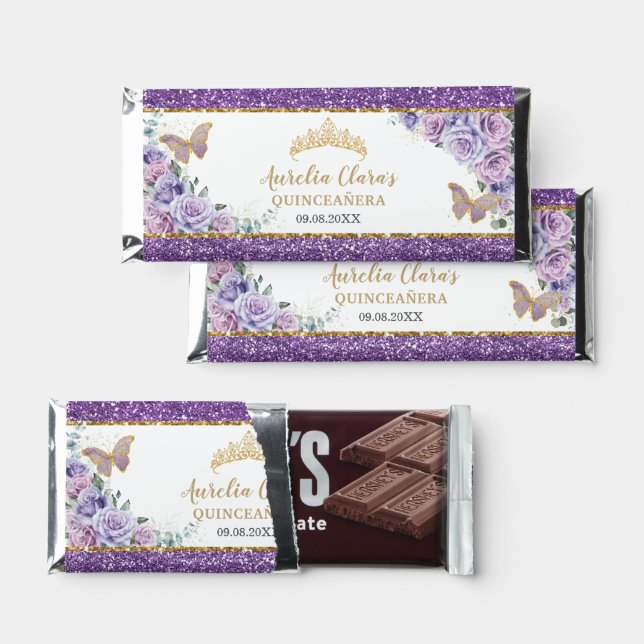 Purple Lilac Floral Gold Quinceañera Butterflies Hershey Bar Favors (Front)