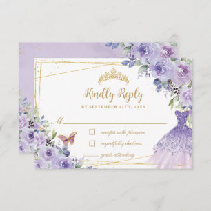 Purple Lilac Floral Gold Quinceañera Dress Gown RSVP Card
