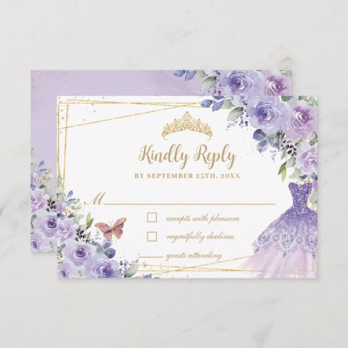Purple Lilac Floral Gold Quinceaera Dress Gown RSVP Card