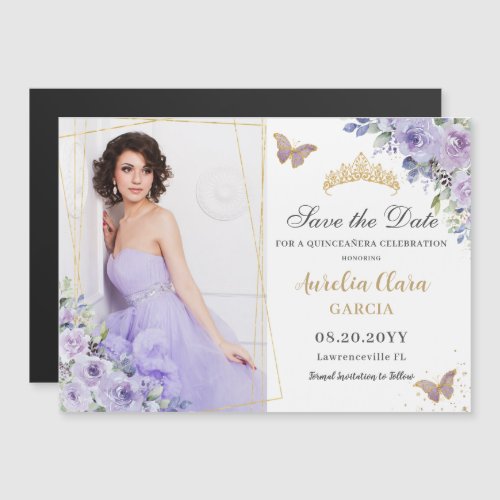 Purple Lilac Floral Gold Quinceaera Save the Date