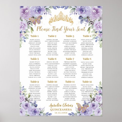 Purple Lilac Floral Gold Quinceaera Seating Chart