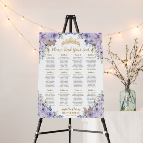 Purple Lilac Floral Gold Quinceaera Seating Chart Foam Board