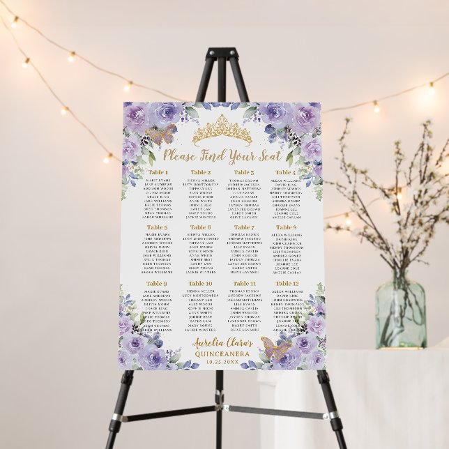 Purple Lilac Floral Gold Quinceañera Seating Chart Foam Board (In Situ (Stand))