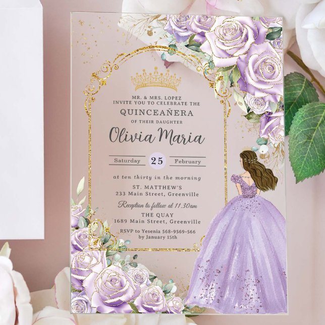 Purple Lilac Floral Gold Quinceañera Sweet 16 XV Acrylic Invitations (Creator Uploaded)