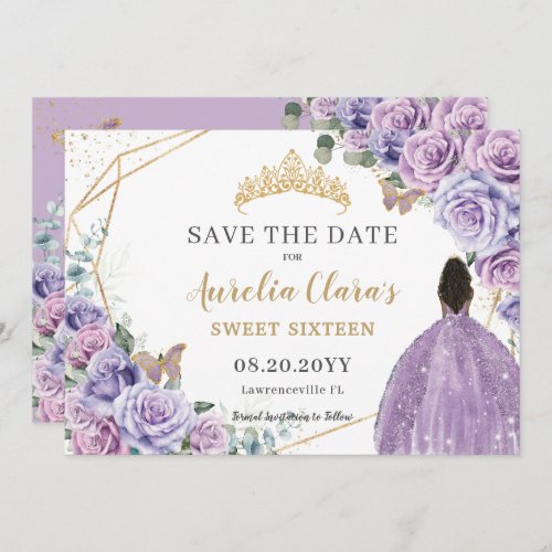 Purple Lilac Floral Gold Quinceanera Sweet Sixteen Save The Date
