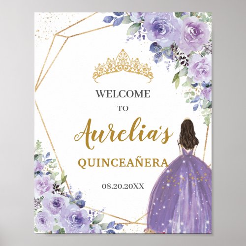 Purple Lilac Floral Gold Quinceaera Welcome   Poster