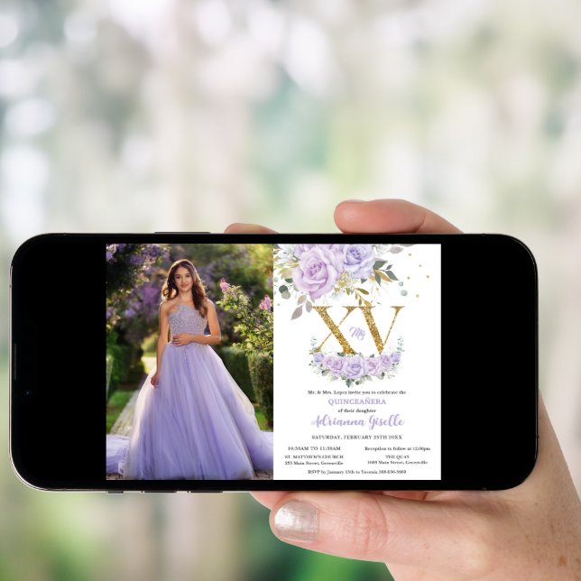 Purple Lilac Floral Gold XV Quinceañera 15 Photo Invitation (Front Digital)