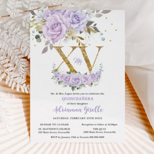 Purple Lilac Floral Gold XV Quinceañera Quince 15
