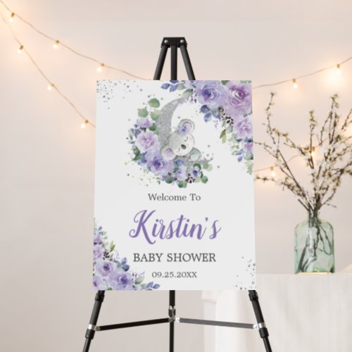 Purple Lilac Floral Koala Moon Baby Shower Welcome Foam Board