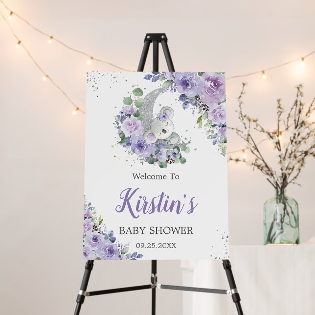 Purple Lilac Floral Koala Moon Baby Shower Welcome Foam Board (In Situ (Stand))