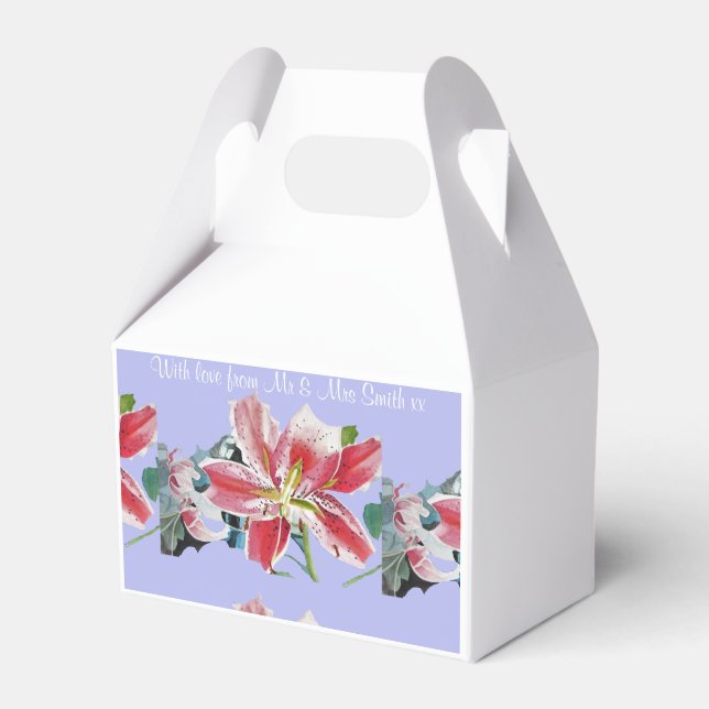 Purple Lilac Floral Lily Wedding Cake Favor Boxes (Front Side)