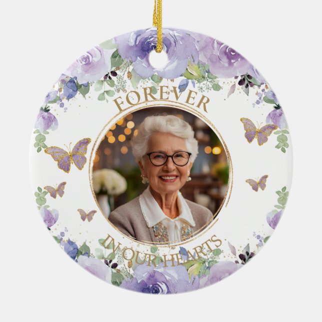 Purple Lilac Floral Loving Memory Memorial Photo Ceramic Ornament (Back)