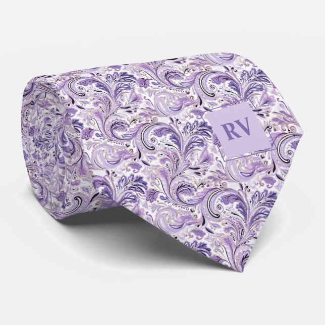 Purple Lilac Floral Paisley Neck Tie (Rolled)