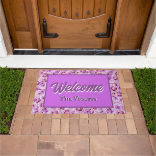 Purple Lilac Floral Personalized Entry Way Welcome Doormat