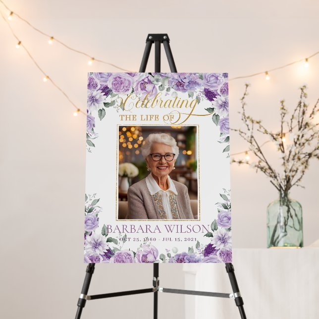 Purple Lilac Floral Photo Funeral Celebration Life Foam Board (In Situ (Stand))