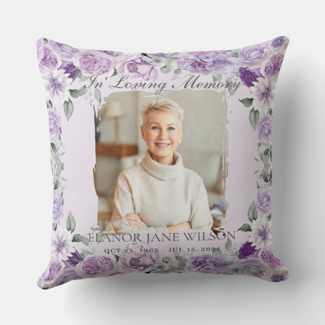 Purple Lilac Floral Photo Funeral in Loving Memory Throw Pillow (Back)
