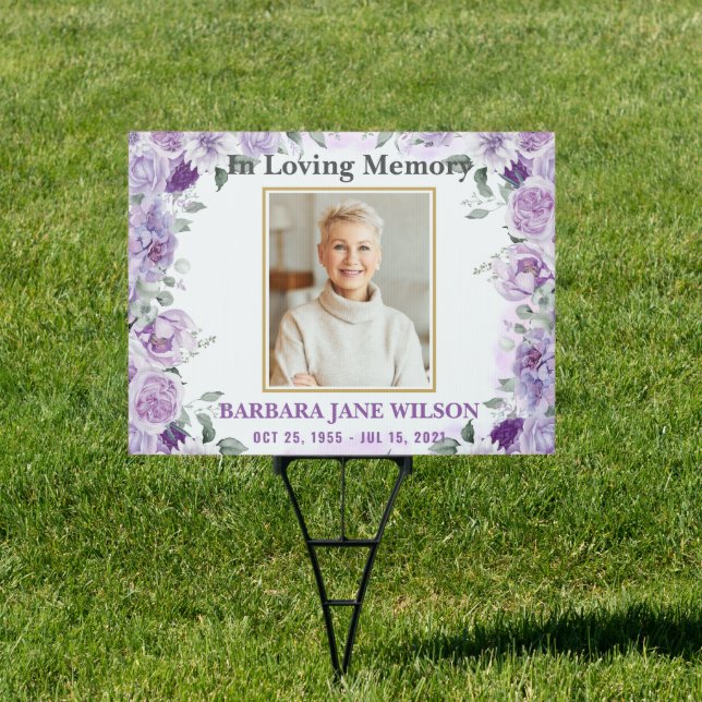 Purple Lilac Floral Photo Funeral Memorial Yard  Sign (Insitu)