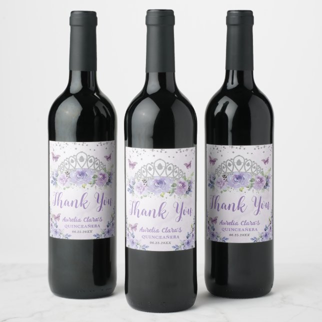 Purple Lilac Floral Princess Crown Quinceañera Wine Label (Bottles)