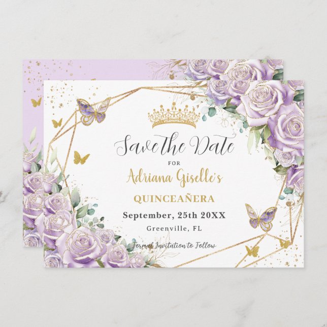 Purple Lilac Floral Princess Gold Quinceañera Save The Date (Front/Back)