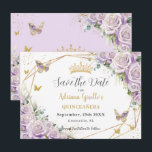 Purple Lilac Floral Princess Gold Quinceañera Save The Date<br><div class="desc">Personalize this pretty purple lilac floral geometric gold Quinceañera / Sweet 16 birthday save the date easily and quickly. Simply click the customize it further button to edit the texts, change fonts and fonts colors. Featuring beautiful pastel lilac roses, butterflies and elegant gold elements. Matching items available in store. (c)...</div>