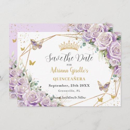 Purple Lilac Floral Princess Gold Quincea&#241;era Save The Date