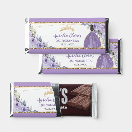 Purple Lilac Floral Princess Gold Quinceaera XV Hershey Bar Favors