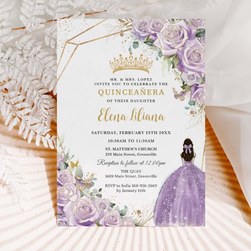 Purple Lilac Floral Princess Gold Quinceañera XV