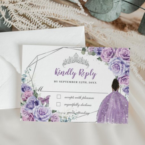 Purple Lilac Floral Princess Quinceaera Reply RSVP Card