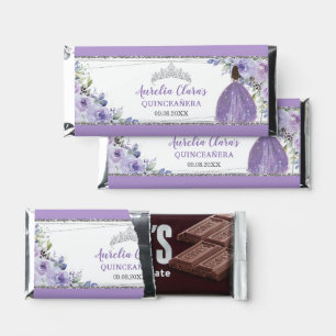 Purple Lilac Floral Princess Silver Quinceañera XV Hershey Bar Favors